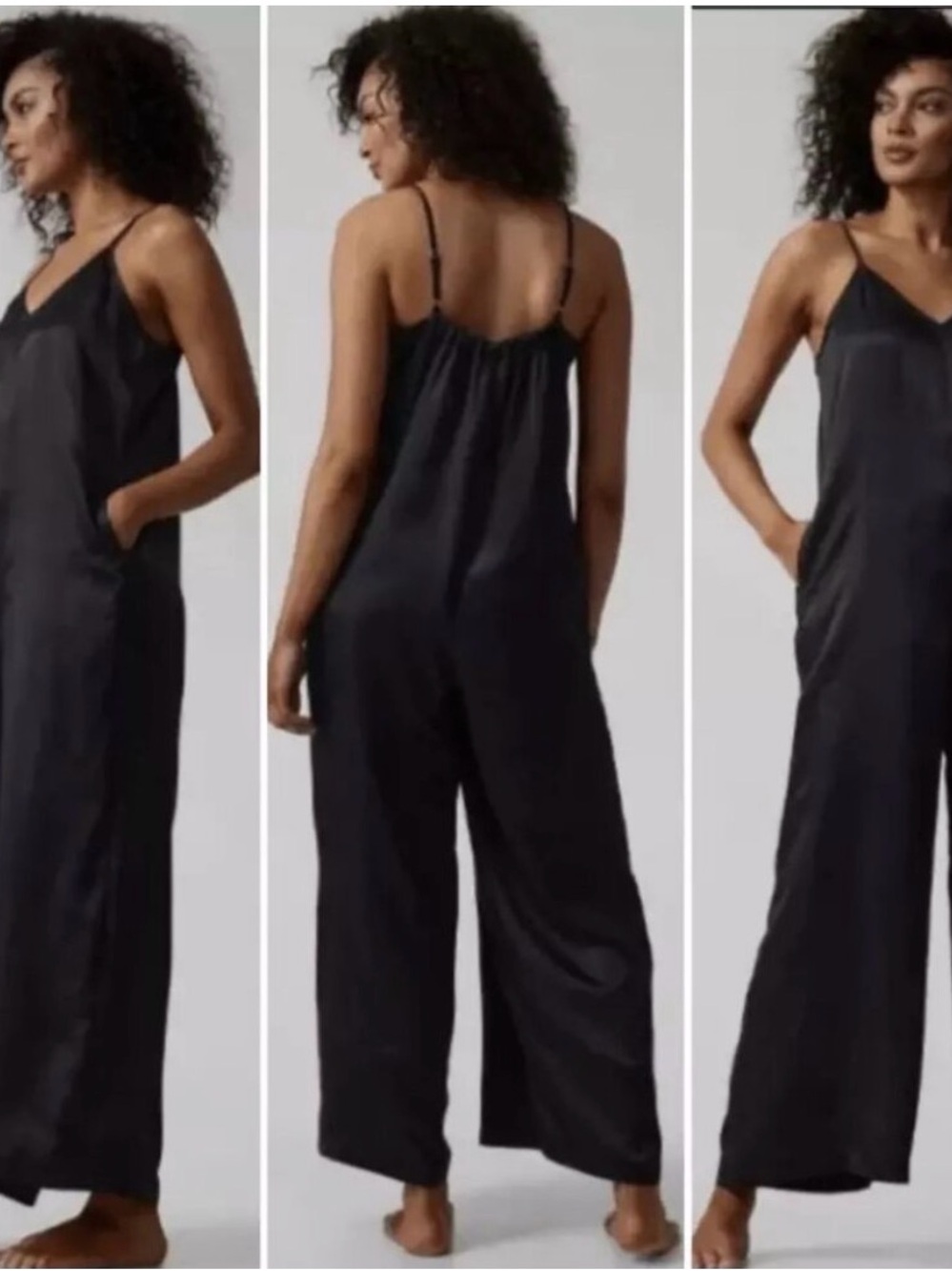 Athleta Black Satin Wide-Leg Jumpsuit Calm Cool Romper NWOT Silky